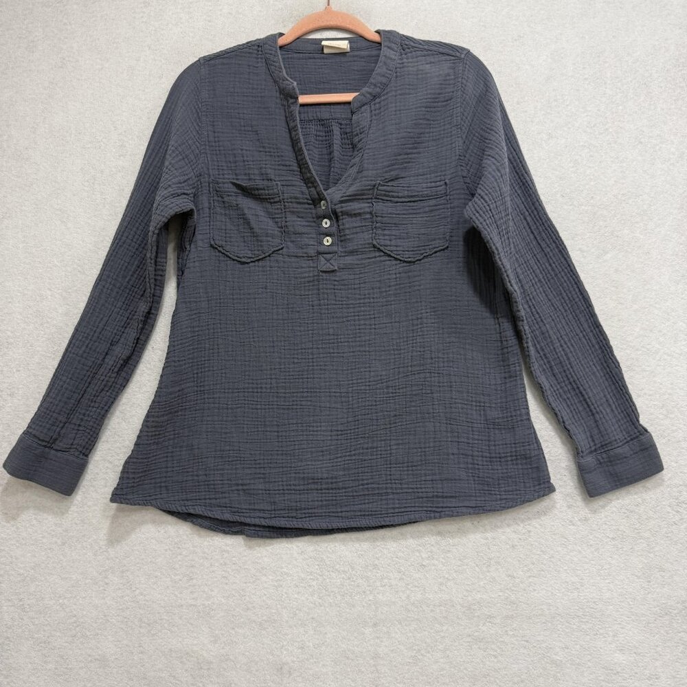 Mote Shirt Womens Large Gray Cotton Gauze Henley Long Sleeve Pullover Tunic